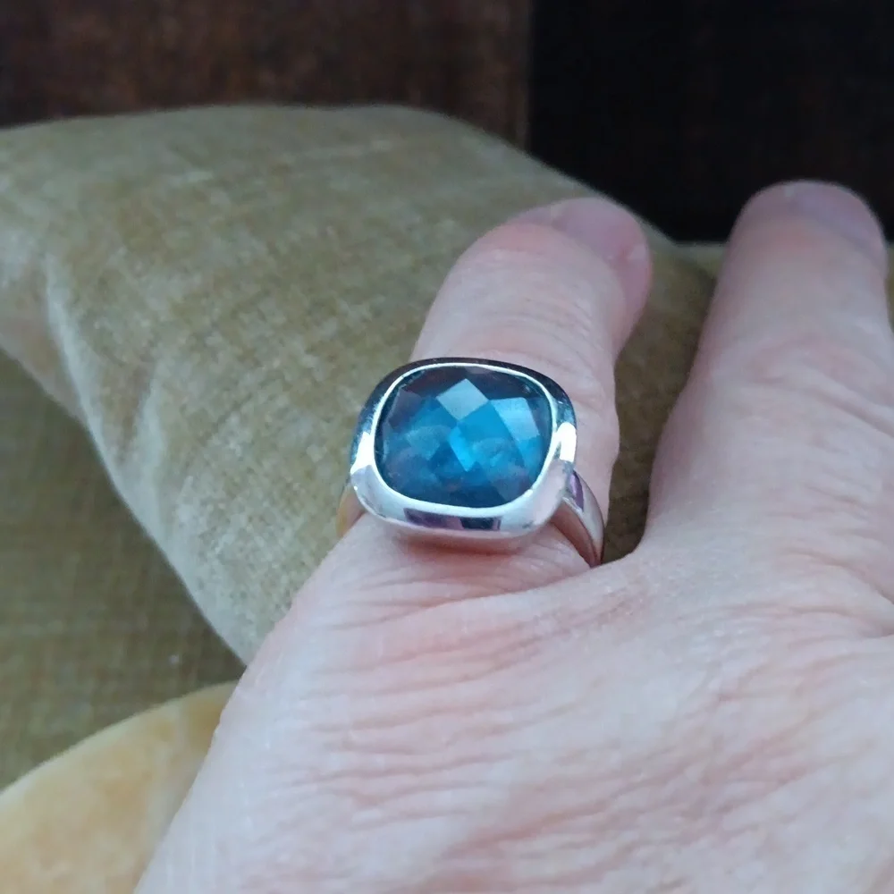 Silver blue Faceted Glass Ring